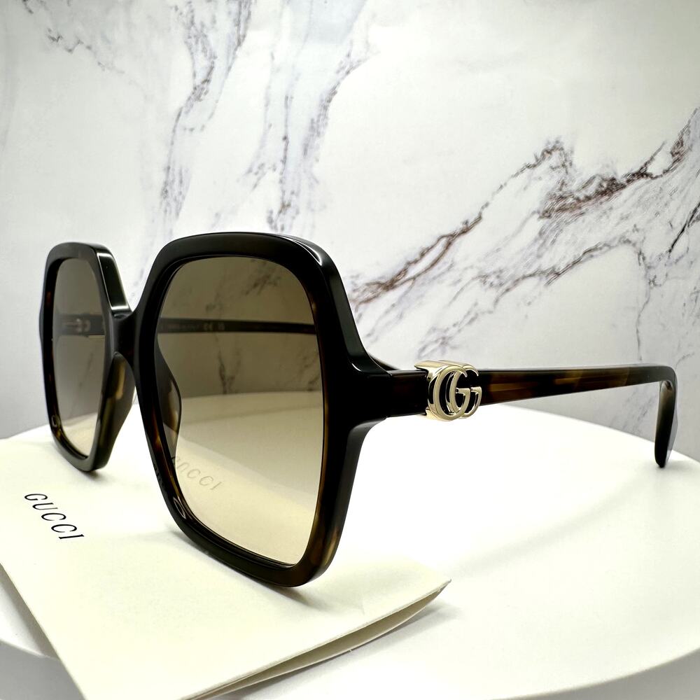 New GUCCI Sunglasses Brown Square Oversized Gold Metal GG Logo 56mm - Picture 10 of 16